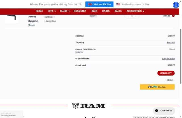 Ram Golf checkout page showing Ram Golf coupon code box | Screenshot taken by SimplyCodes community member on Aug 18, 2025