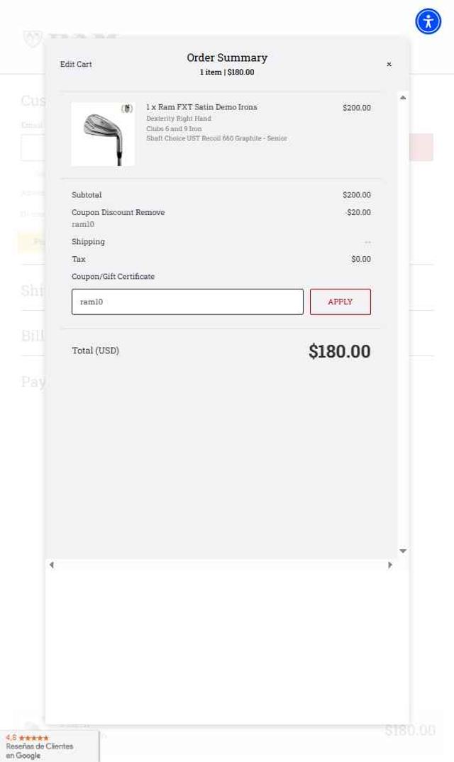 Ram Golf checkout page showing Ram Golf coupon code box | Screenshot taken by SimplyCodes community member on Aug 1, 2025