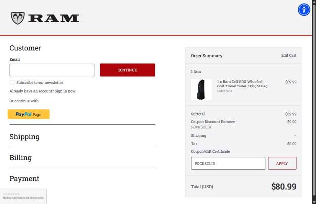 Ram Golf checkout page showing Ram Golf coupon code box | Screenshot taken by SimplyCodes community member on Aug 1, 2025