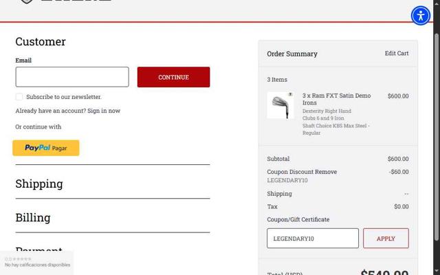 Ram Golf checkout page showing Ram Golf coupon code box | Screenshot taken by SimplyCodes community member on Aug 18, 2025