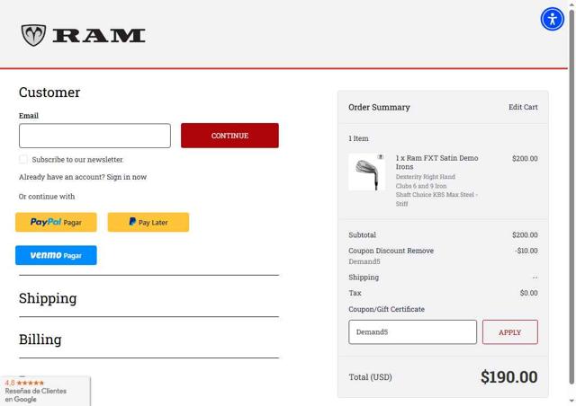 Ram Golf checkout page showing Ram Golf coupon code box | Screenshot taken by SimplyCodes community member on Aug 1, 2025