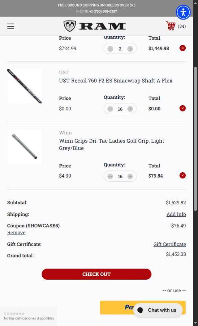 Ram Golf checkout page showing Ram Golf coupon code box | Screenshot taken by SimplyCodes community member on Aug 18, 2025