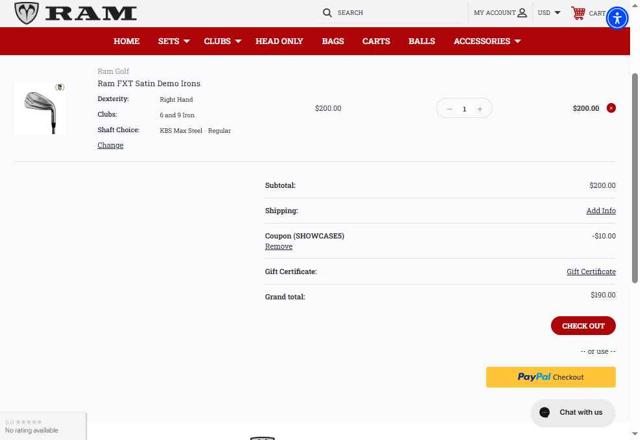 Ram Golf checkout page showing Ram Golf coupon code box | Screenshot taken by SimplyCodes community member on Jul 31, 2025
