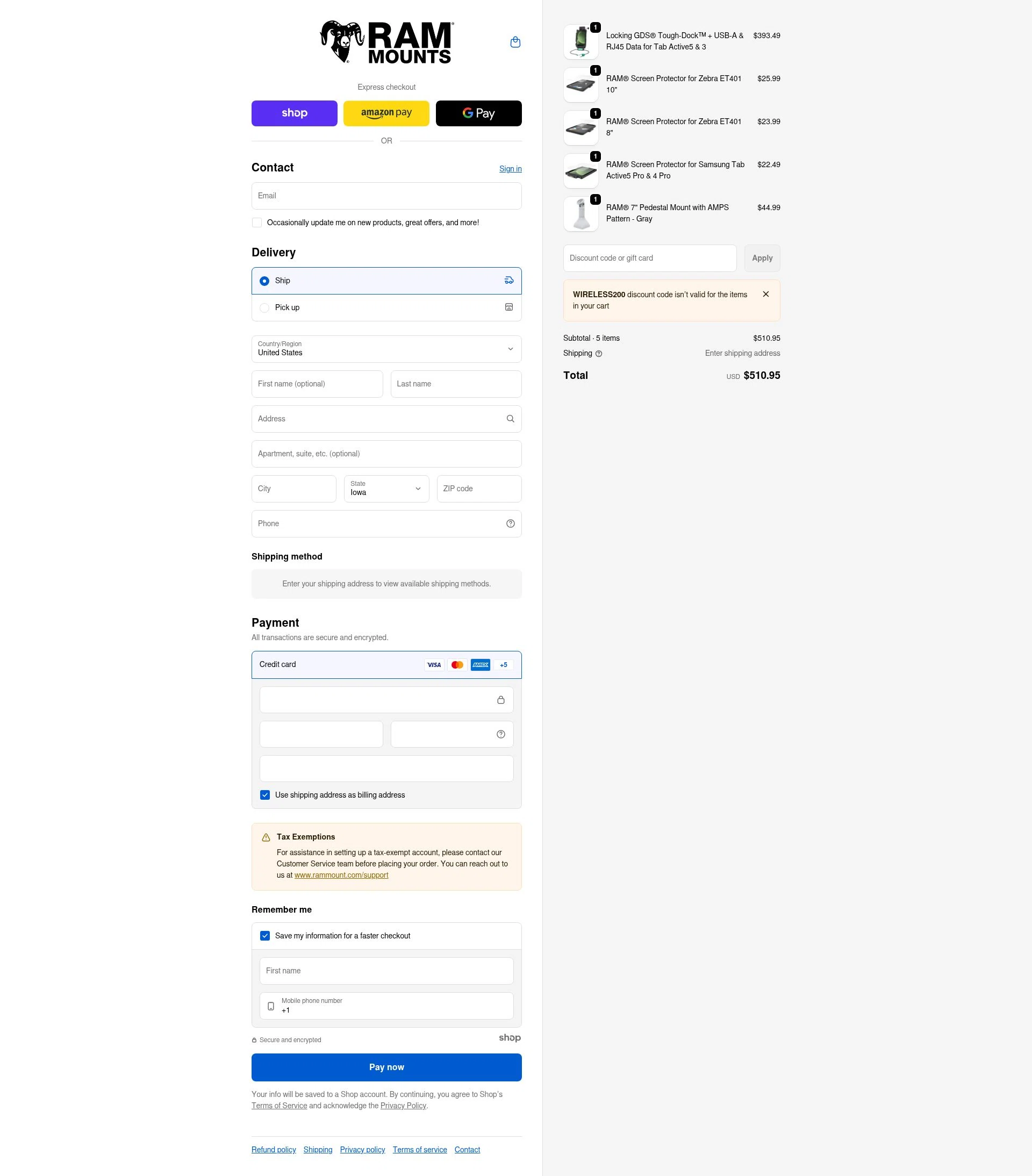 RAM Mounts checkout page showing RAM Mounts discount code box | Screenshot taken by SimplyCodes community member on Jan 21, 2026