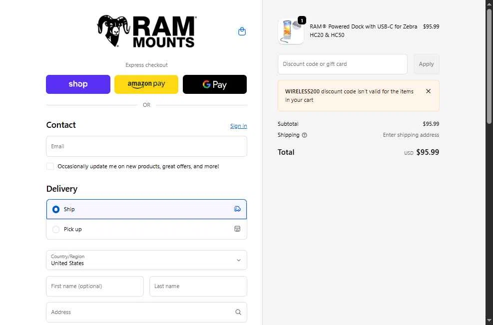 RAM Mounts checkout page showing RAM Mounts discount code box | Screenshot taken by SimplyCodes community member on Dec 26, 2025