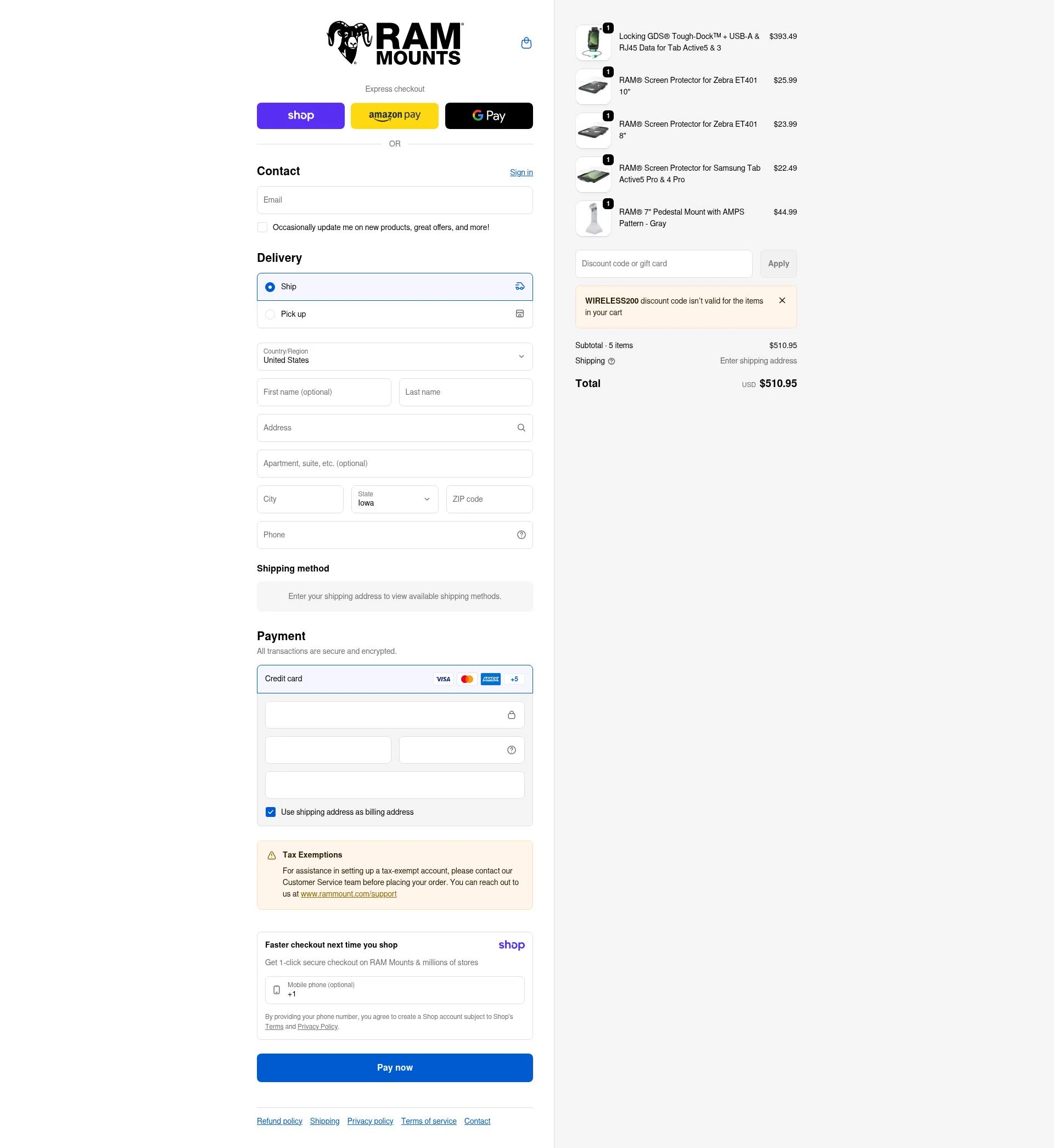 RAM Mounts checkout page showing RAM Mounts discount code box | Screenshot taken by SimplyCodes community member on Jan 16, 2026