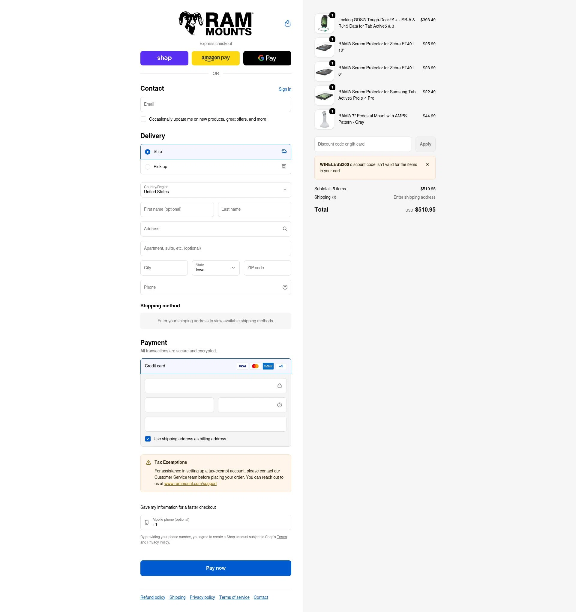 RAM Mounts checkout page showing RAM Mounts discount code box | Screenshot taken by SimplyCodes community member on Feb 8, 2026