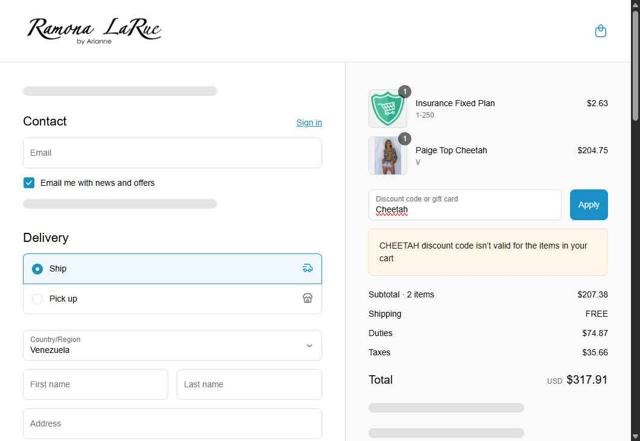 Ramona LaRue checkout page showing Ramona LaRue coupon code box | Screenshot taken by SimplyCodes community member on Sep 9, 2025
