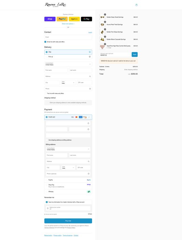 Ramona LaRue checkout page showing Ramona LaRue coupon code box | Screenshot taken by SimplyCodes community member on Sep 8, 2025