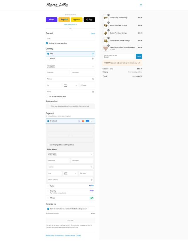 Ramona LaRue checkout page showing Ramona LaRue coupon code box | Screenshot taken by SimplyCodes community member on Sep 11, 2025