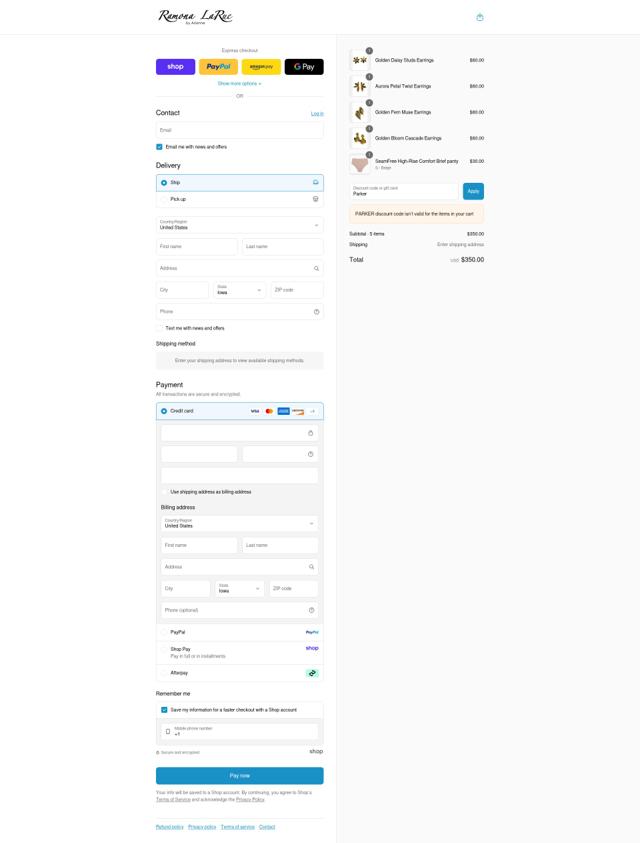 Ramona LaRue checkout page showing Ramona LaRue coupon code box | Screenshot taken by SimplyCodes community member on Sep 8, 2025