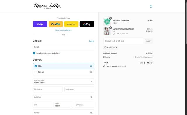 Ramona LaRue checkout page showing Ramona LaRue coupon code box | Screenshot taken by SimplyCodes community member on Sep 11, 2025