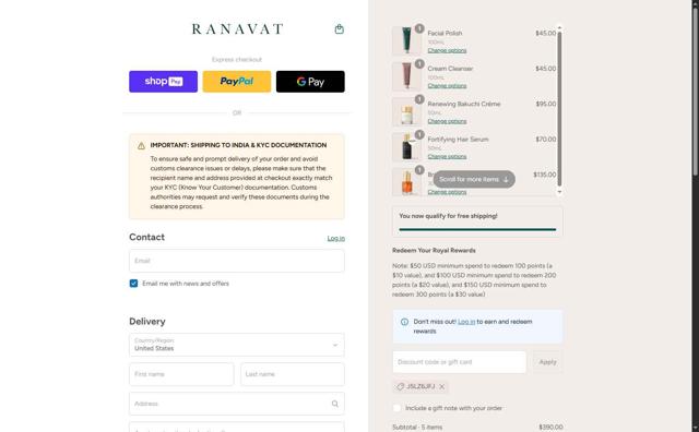 RANAVAT checkout page showing RANAVAT discount code box | Screenshot taken by SimplyCodes community member on Aug 22, 2025