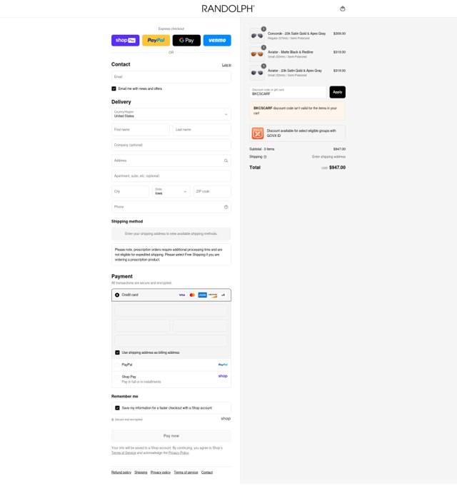 Randolph Engineering checkout page showing Randolph Engineering discount code box | Screenshot taken by SimplyCodes community member on Aug 28, 2025