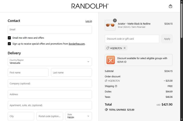 Randolph Engineering checkout page showing Randolph Engineering discount code box | Screenshot taken by SimplyCodes community member on Aug 29, 2025