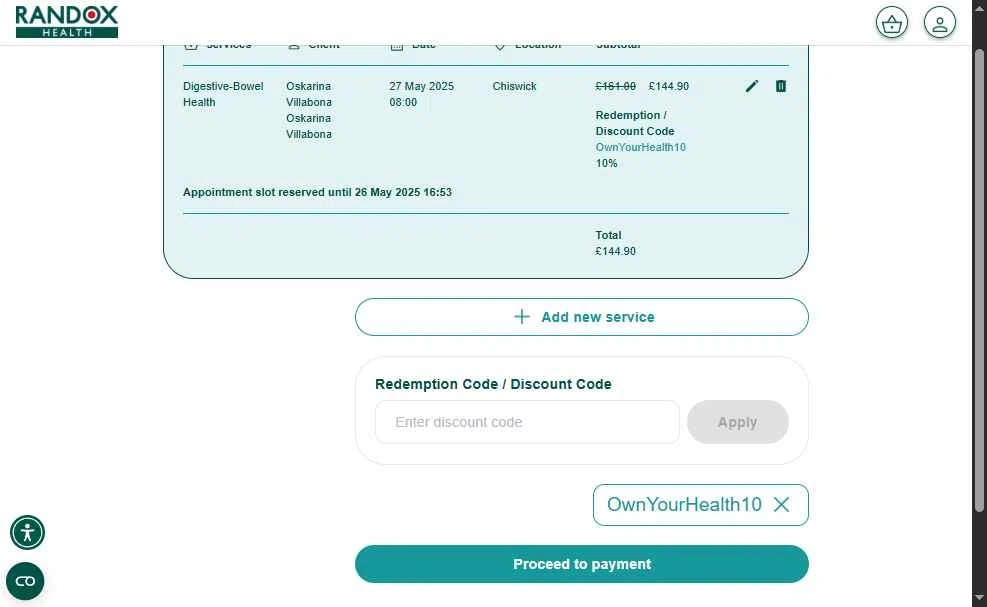 Randox Health checkout page showing Randox Health coupon code box | Screenshot taken by SimplyCodes community member on May 26, 2025
