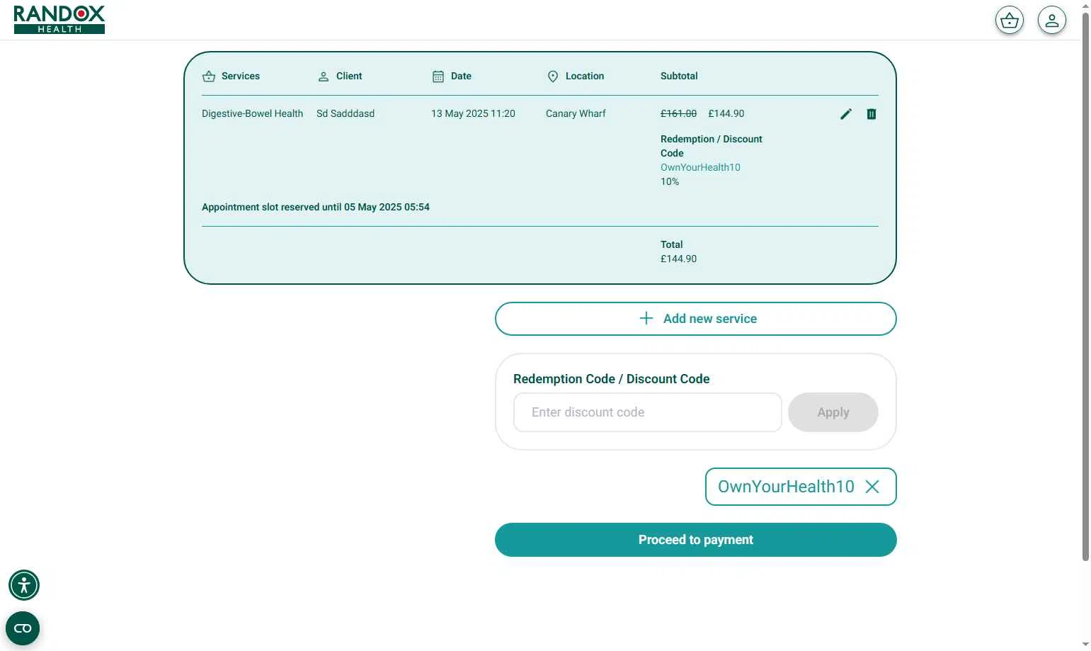 Randox Health checkout page showing Randox Health coupon code box | Screenshot taken by SimplyCodes community member on May 5, 2025