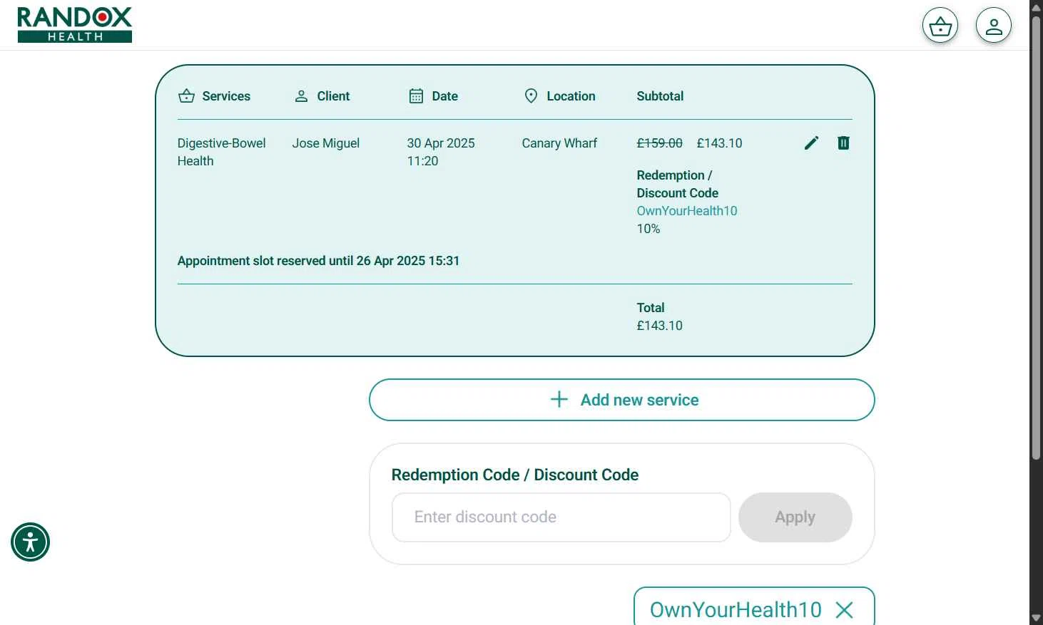 Randox Health checkout page showing Randox Health coupon code box | Screenshot taken by SimplyCodes community member on Apr 26, 2025
