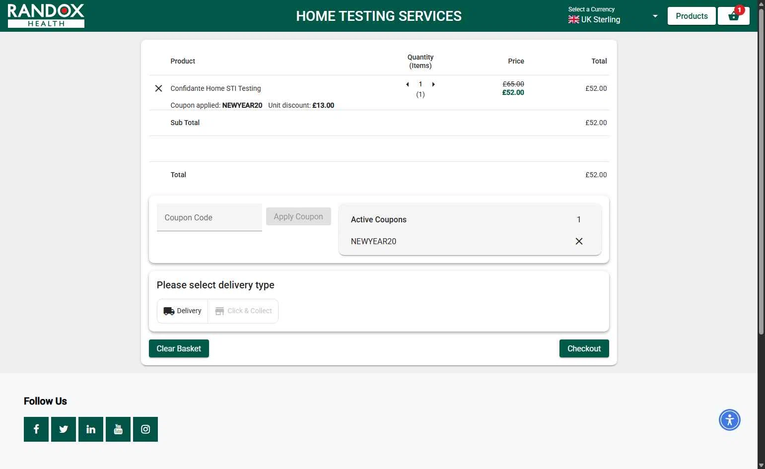 Randox Health checkout page showing Randox Health coupon code box | Screenshot taken by SimplyCodes community member on Dec 29, 2025
