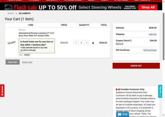 Raneys Truck Parts checkout page showing Raneys Truck Parts promo code box | Screenshot taken by SimplyCodes community member on Aug 18, 2025