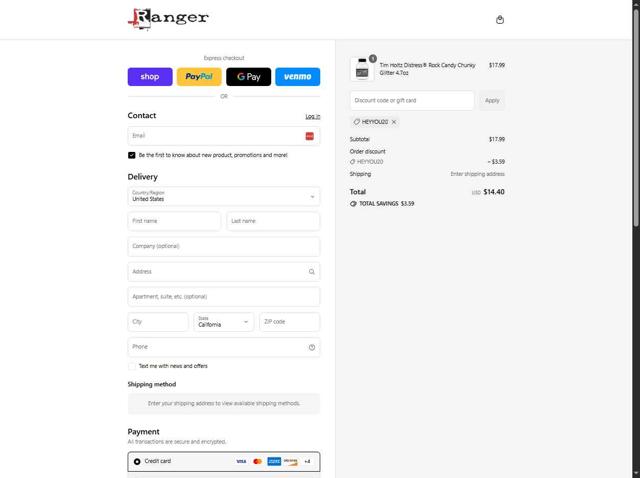 Ranger Ink checkout page showing Ranger Ink discount code box | Screenshot taken by SimplyCodes community member on Sep 6, 2025