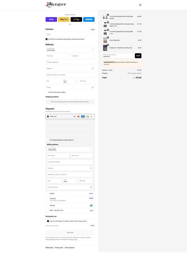 Ranger Ink checkout page showing Ranger Ink discount code box | Screenshot taken by SimplyCodes community member on Sep 8, 2025