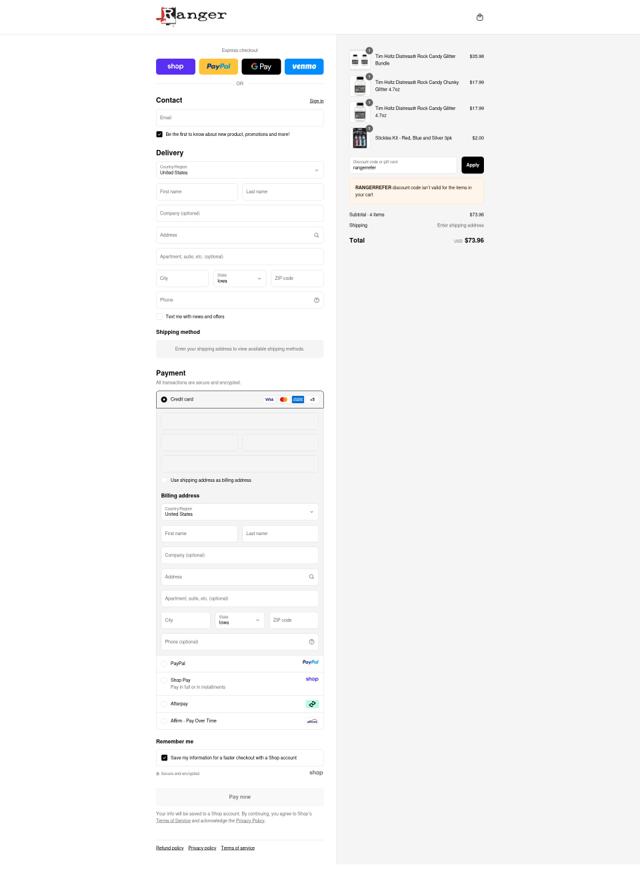 Ranger Ink checkout page showing Ranger Ink discount code box | Screenshot taken by SimplyCodes community member on Sep 12, 2025