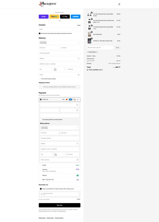 Ranger Ink checkout page showing Ranger Ink discount code box | Screenshot taken by SimplyCodes community member on Sep 8, 2025