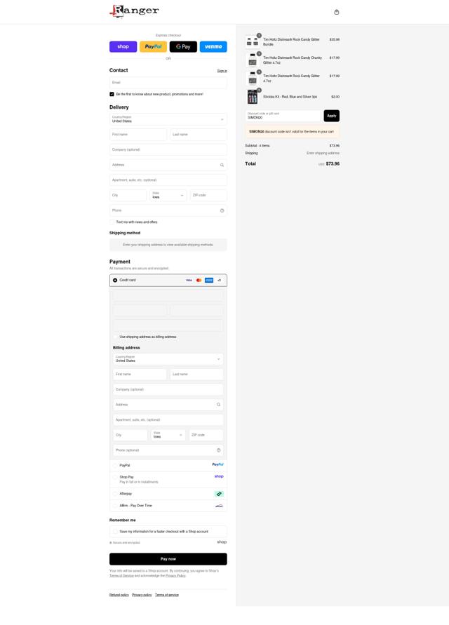 Ranger Ink checkout page showing Ranger Ink discount code box | Screenshot taken by SimplyCodes community member on Sep 12, 2025