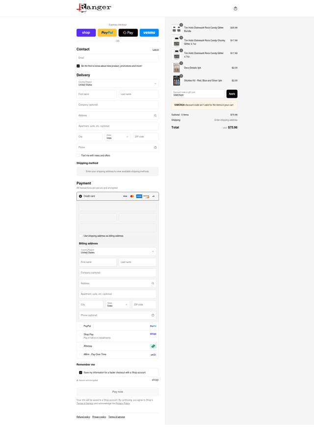 Ranger Ink checkout page showing Ranger Ink discount code box | Screenshot taken by SimplyCodes community member on Sep 8, 2025