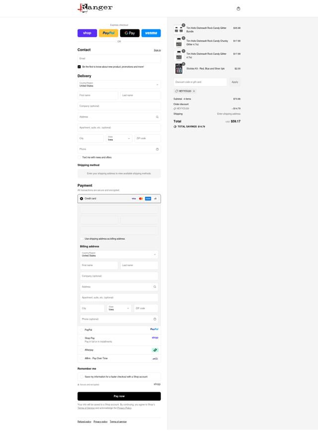 Ranger Ink checkout page showing Ranger Ink discount code box | Screenshot taken by SimplyCodes community member on Sep 12, 2025