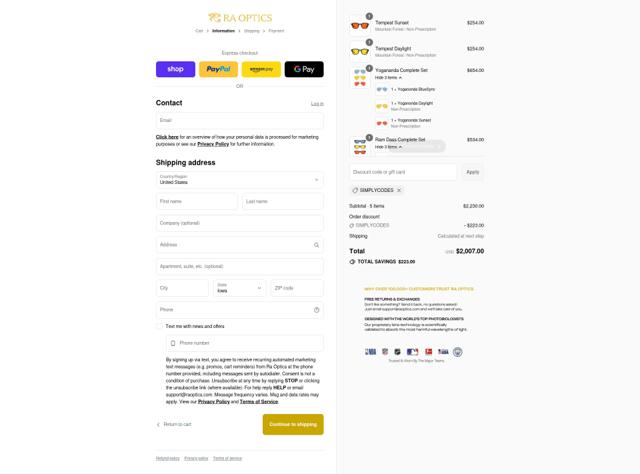 Ra Optics checkout page showing Ra Optics discount code box | Screenshot taken by SimplyCodes community member on Sep 2, 2025