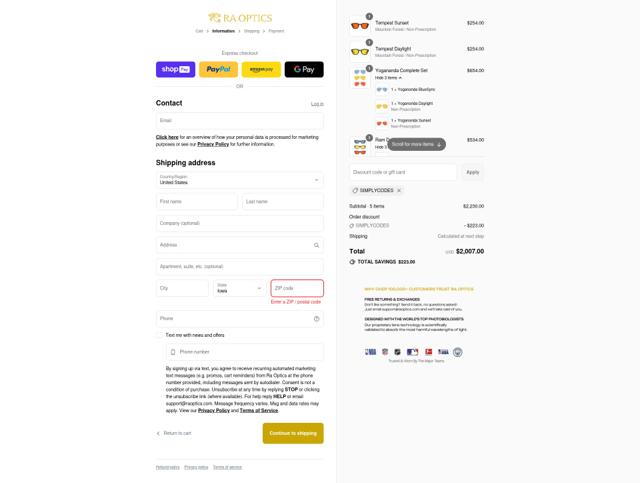 Ra Optics checkout page showing Ra Optics discount code box | Screenshot taken by SimplyCodes community member on Aug 24, 2025