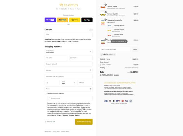 Ra Optics checkout page showing Ra Optics discount code box | Screenshot taken by SimplyCodes community member on Aug 7, 2025