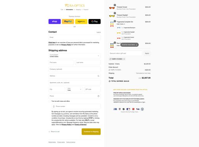 Ra Optics checkout page showing Ra Optics discount code box | Screenshot taken by SimplyCodes community member on Sep 6, 2025