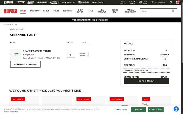 Rapala checkout page showing Rapala discount code box | Screenshot taken by SimplyCodes community member on Aug 17, 2025