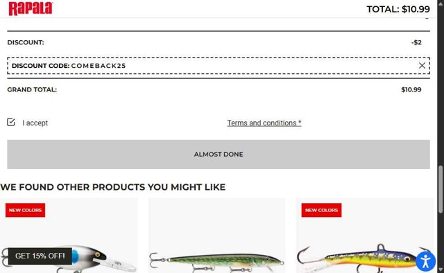 Rapala checkout page showing Rapala discount code box | Screenshot taken by SimplyCodes community member on Aug 18, 2025