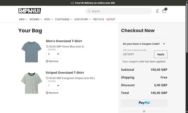 Rapanui checkout page showing Rapanui discount code box | Screenshot taken by SimplyCodes community member on Aug 27, 2025