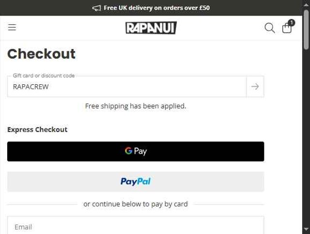 Rapanui checkout page showing Rapanui discount code box | Screenshot taken by SimplyCodes community member on Sep 4, 2025