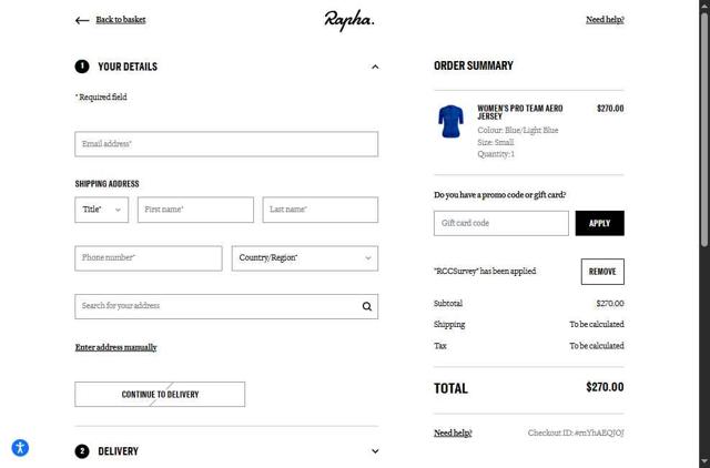 Rapha checkout page showing Rapha promo code box | Screenshot taken by SimplyCodes community member on Sep 14, 2025