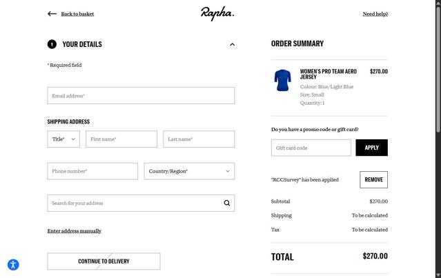 Rapha checkout page showing Rapha promo code box | Screenshot taken by SimplyCodes community member on Sep 23, 2025