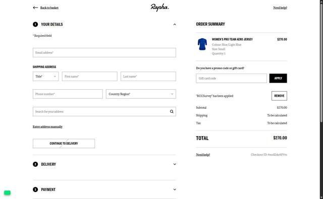 Rapha checkout page showing Rapha promo code box | Screenshot taken by SimplyCodes community member on Sep 3, 2025