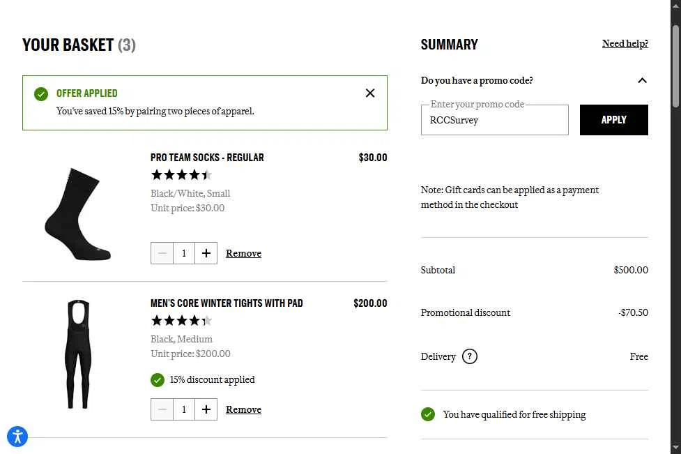 Rapha checkout page showing Rapha promo code box | Screenshot taken by SimplyCodes community member on Dec 10, 2025