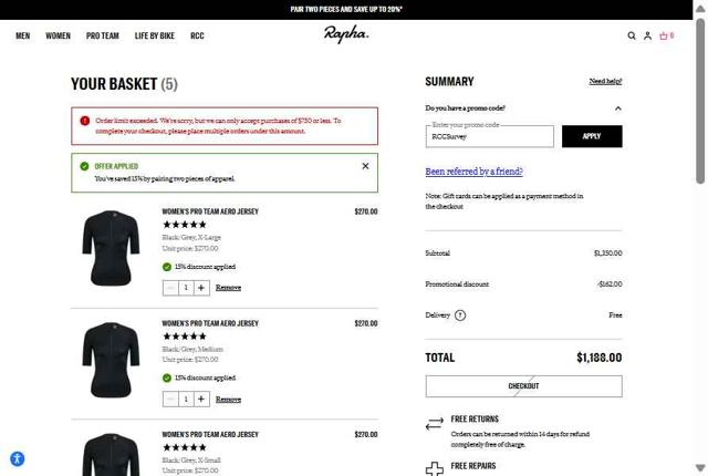 Rapha checkout page showing Rapha promo code box | Screenshot taken by SimplyCodes community member on Sep 19, 2025