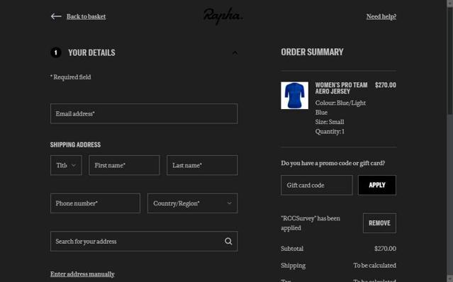 Rapha checkout page showing Rapha promo code box | Screenshot taken by SimplyCodes community member on Sep 11, 2025