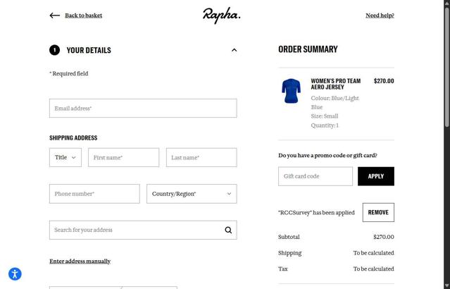 Rapha checkout page showing Rapha promo code box | Screenshot taken by SimplyCodes community member on Sep 27, 2025