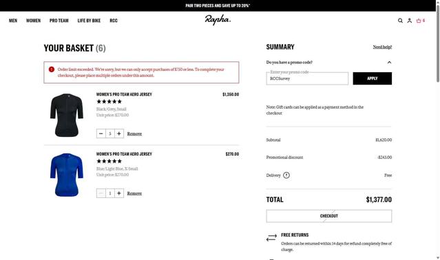 Rapha checkout page showing Rapha promo code box | Screenshot taken by SimplyCodes community member on Oct 1, 2025