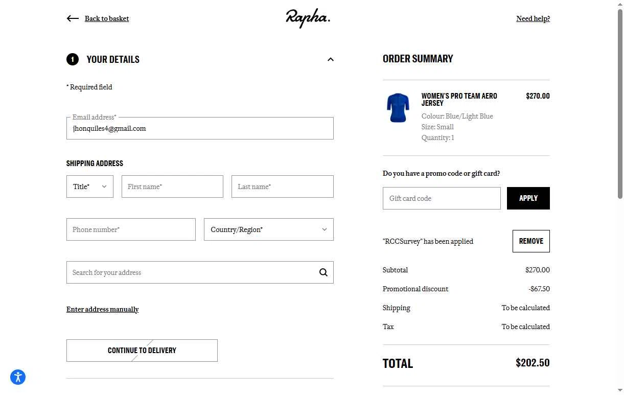 Rapha checkout page showing Rapha promo code box | Screenshot taken by SimplyCodes community member on Nov 18, 2025