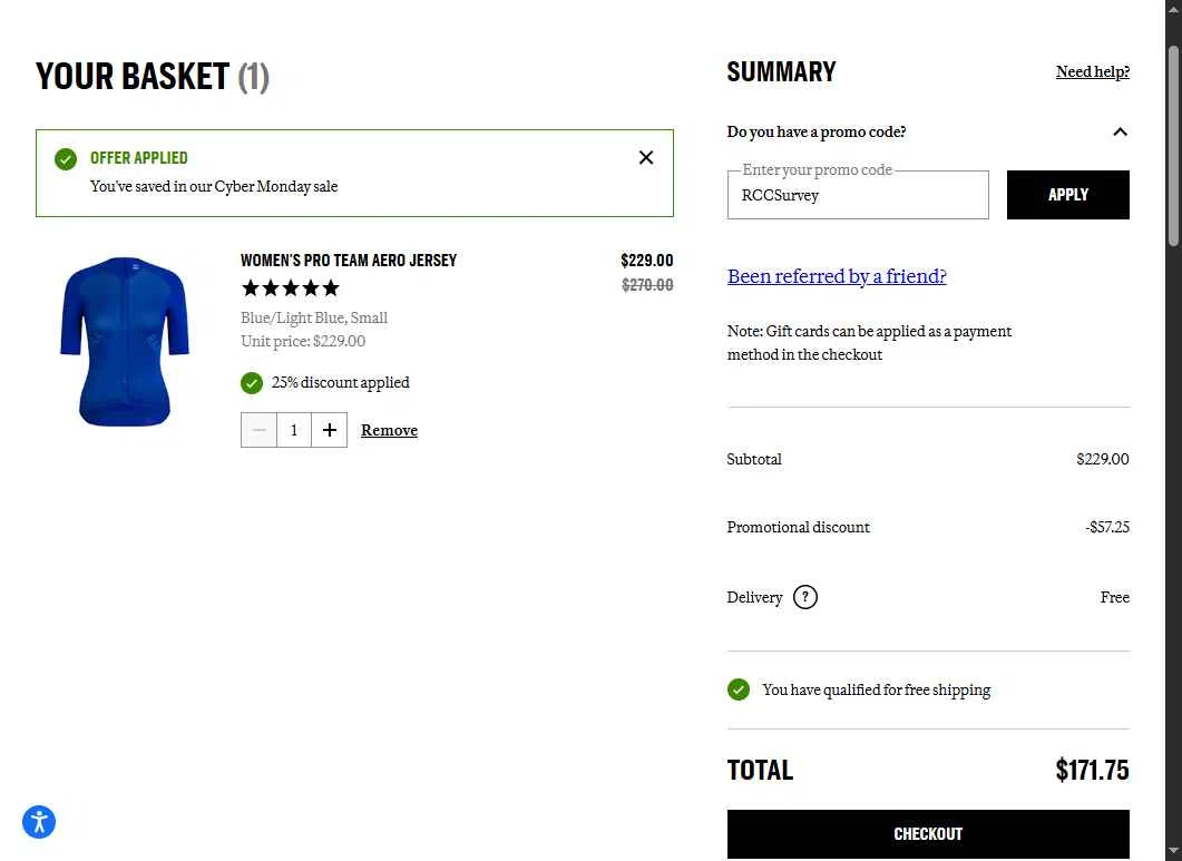 Rapha checkout page showing Rapha promo code box | Screenshot taken by SimplyCodes community member on Dec 3, 2025