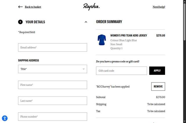 Rapha checkout page showing Rapha promo code box | Screenshot taken by SimplyCodes community member on Sep 23, 2025